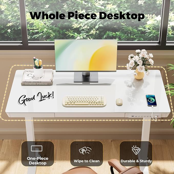40" Glass Standing Desk with Drawer, Electric Stand up Desk | Height Adjustable Desk with One-Piece Tabletop & USB Charging Ports, Sit Stand Desk with Storage for Home Office, White