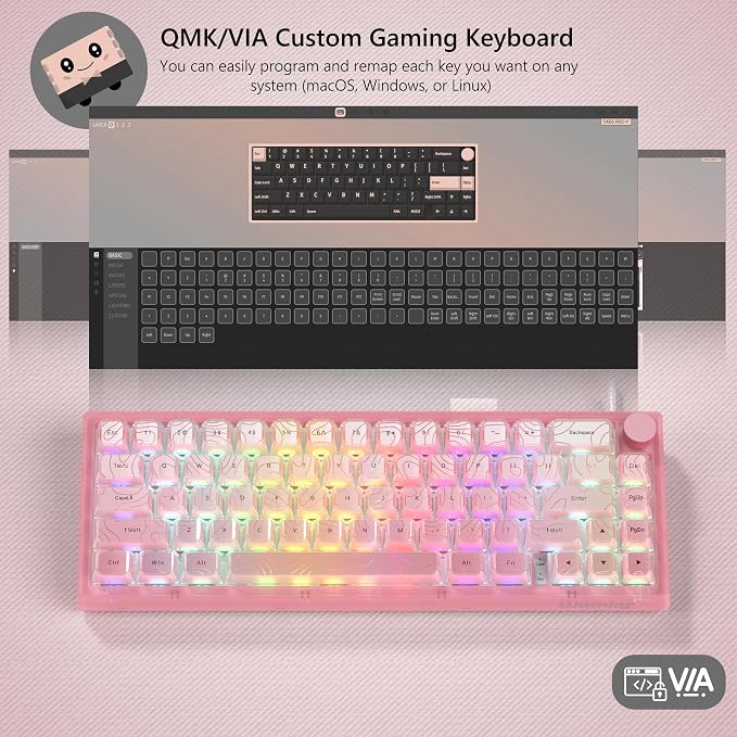 Womier 60% Percent Keyboard Pink Mechanical QMK/VIA Gaming Keyboard | Creamy Keyboard Topographic, Hot Swappable Gasket Mount RGB Wired Key board & Translucent Keycaps (VK66 PRO)