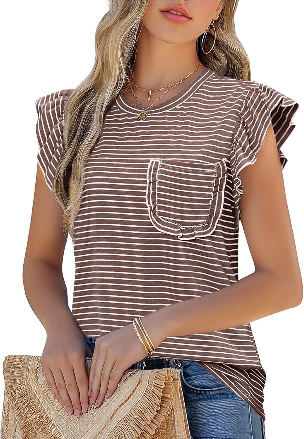 JUSTFASHIONNOW Womens Summer Tops Striped T-Shirts 2026 Ruffle Short Sleeve Crew Neck Casual Blouses with Pocket