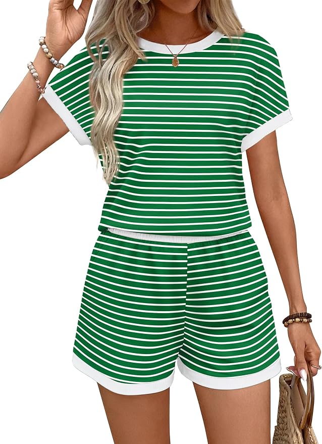 WIHOLL Two Piece Sets for Women Summer Lounge Short Sets Cap Sleeve Crew Neck Sweatsuit with Pocket XS-2XL