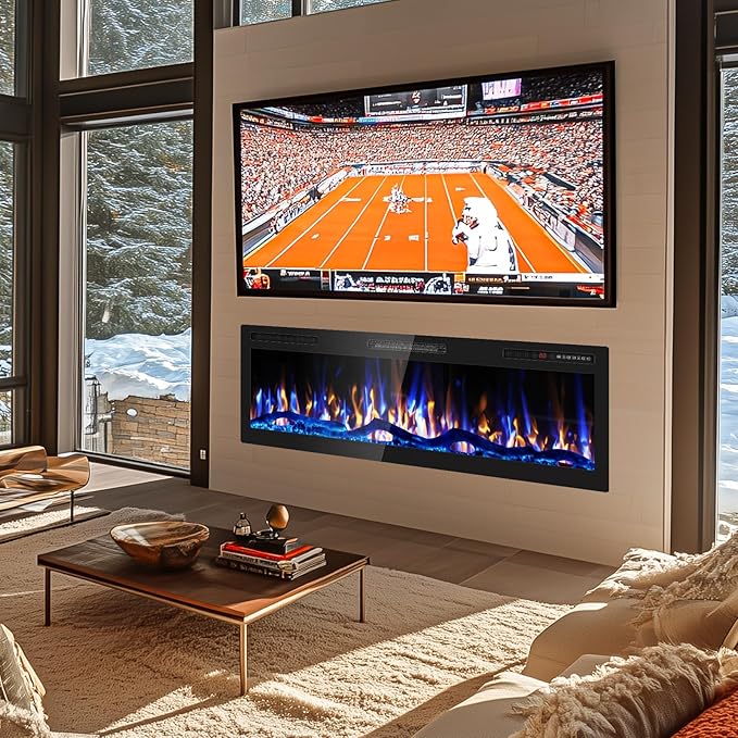 50" Smart WiFi Electric Fireplace with Sound Crackling Narrow Bezel Recessed and Wall Mounted Fireplace Heater with App, Remote Control, Log Flame Option, 750/1500W