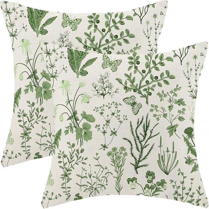 AEIOAE Summer Pillow Covers 16x16 Inch Set of 2,Olive Green Wild Flower Plant Throw Pillows Case,Seasonal Floral Outdoor Decorative Square Linen Farmhouse Decor Cushion Covers for Home Sofa Bed Couch