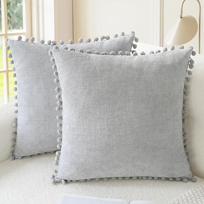 CaliTime Decorative Couch Throw Pillow Covers 16 X 16 Inches Moonbeam Gray | Pack of 2, Cozy Chenille Cushion Cases, with Pom Poms for Sofa Bed Living Room Farmhouse Home