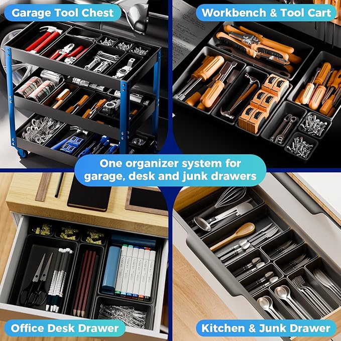 70 PCS Tool Box Organizer Tray & Desk Drawer Organizer Set, 5 Size Interlocking Bins for Garage Tool Storage, Mechanic Tool Chest, Rolling Cart, Workbench Drawers with EVA Non Slip Pads