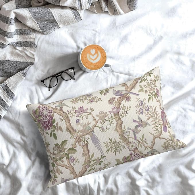 Chinoiserie Pillow Covers 12x20 Inch Set of 2 Purple Green Floral Bird Throw Pillows Vintage Flowers Bird Decorative Pillow Cases Outdoor Lumbar Decor Farmhouse Cushion Cases for Couch Sofa