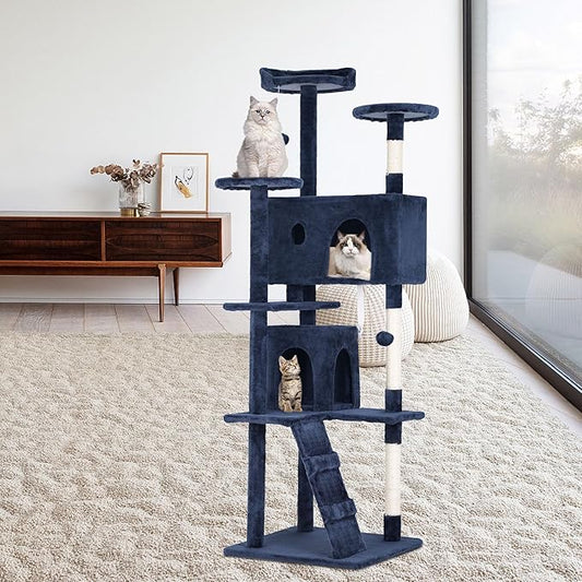 70 Inch Navy Blue Cat Tree, Tall Cat Tower with 2 Condos, 3 Scratching Posts, Multi-Level Platforms - Sturdy Climbing Structure Tall Cat Tower for Indoor Cats