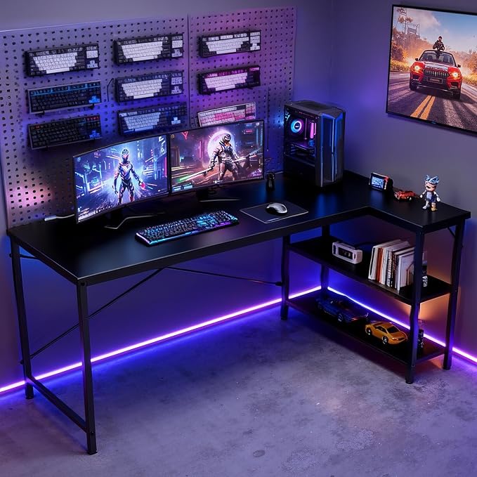 DUMOS 47 Inch L Shaped Desk, Computer Gaming Corner Desks with Shelves | Home Office PC Table, Writing Working Study Desk for Bedroom Dorm, Reversible Design, Black