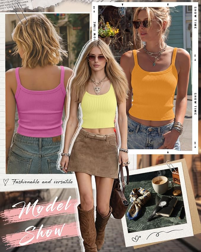 Ficerd 3 Pack Women's Tank Tops 95% Cotton Spaghetti Strap Ribbed Crop Camisole Slim Fitted Basic Summer Sleeveless Layer