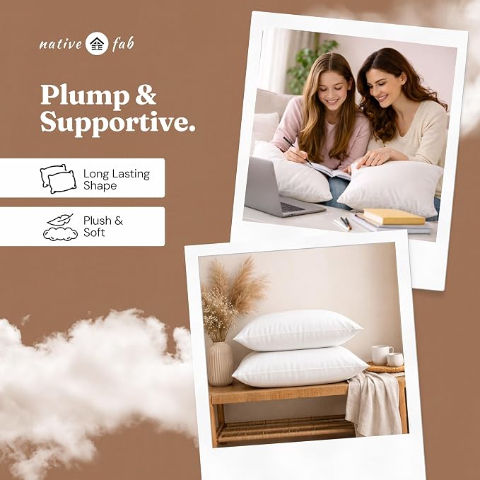 Native Fab Decorative Pillow Inserts, Pack of 2, 20x20 Inches, White Polyester, Fluffy Square Cushion Fillers for Sofa, Bed, Chair, Living Room, Premium Plush Home Décor & Back Support