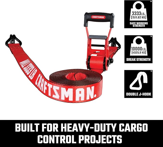 CRAFTSMAN CMXAZBS10000J Black/Red 2" x 27' Ratchet Tie Down Strap with Double J Hook - Heavyweight/Industrial Duty (10,000 lb Break Strength)