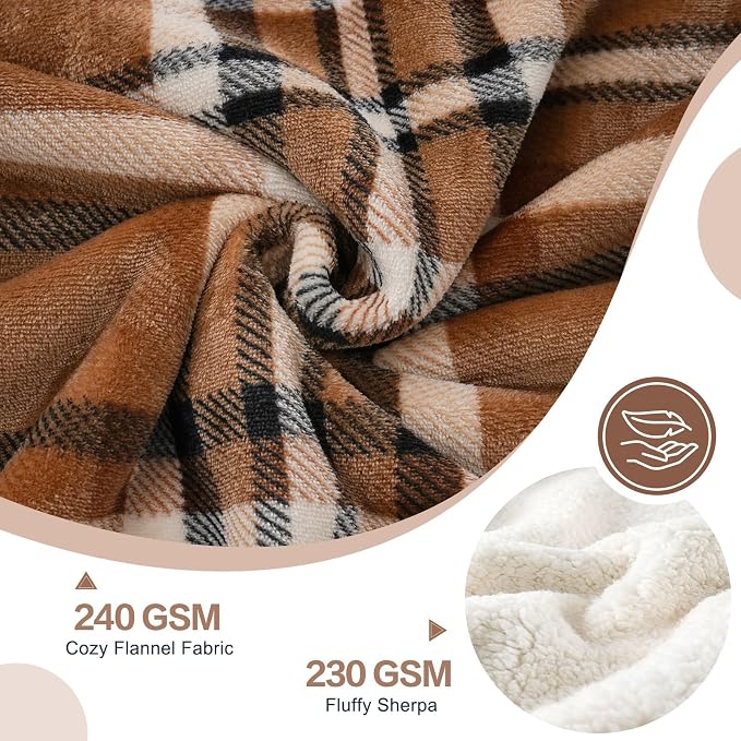 PU MEI Sherpa Fleece Throw Blanket 80" x 90" Reversible Plush Fluffy Large Big Blanket Lattice Flannel Blankets for All Season Use, Mocha Brown