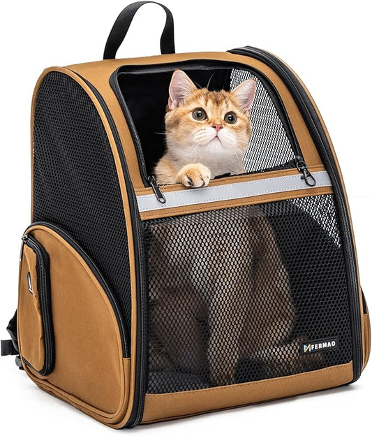 Cat Backpack Carrier for Small Dogs and Medium cat Puppy Kitten Bunny Pet Carrier Backpack Collapsible with Fully Ventilated Mesh with Safety Leash (Brown, 12.9" L x 10.62" W x 15.5" H - M)