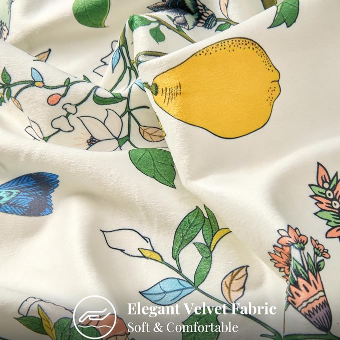 MUSSEL Ivory White Velvet Floral Decorative 20x20 Pillow Covers Set of 2 | Durable Sturdy,Botanical Printed Pattern,Throw Pillows Case,Square,Colorful Mid Century Cushion Covers,Sofa Couch Decor