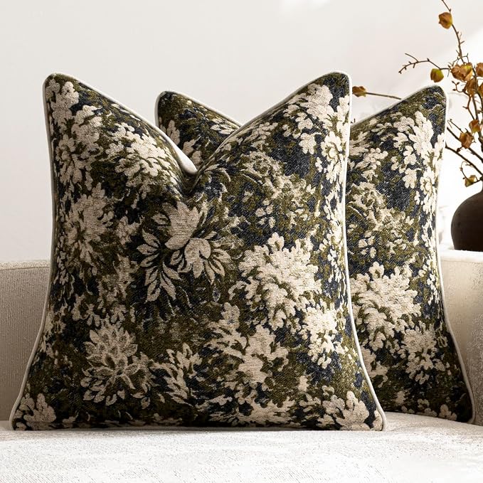 Pack of 2 Vintage Floral Euro Sham Covers 24x24 Boho Farmhouse Accents Chenille Square Decorative Throw Pillow Cases for Living Room Couch Bed Home Decor, Olive Green