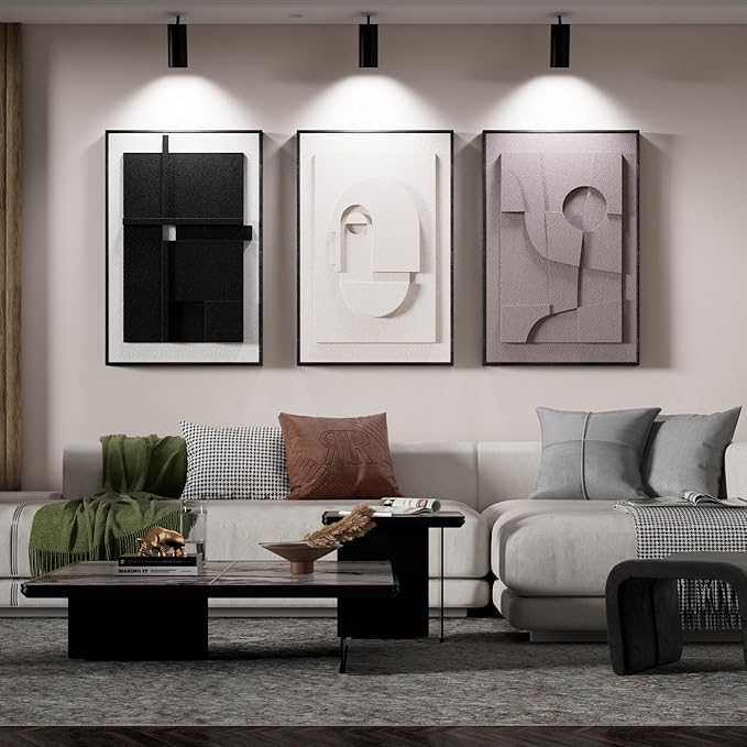 Thalasse Modern Abstract Wall Art Large Framed 3D Black Beige 24x36 In | Textured relief artwork, geometric sandstone plaster, living room entryway foyer decor, set of 3