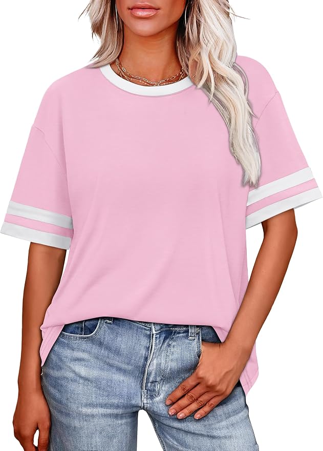 WIHOLL Womens T Shirts Loose Fit Short Sleeve Tees Crew Neck Color Block Summer Tops 2026 Fashion