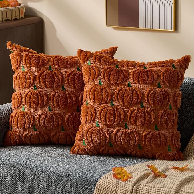 DFXSZ Fall Pillow Covers 20x20 2Pcs Rust Green Pumpkin Fall Decorations | Fall decor Set of 2 Throw Pillow Cases Soft Plush Faux Fur Wool Couch Cushion for Chair Sofa Bedroom Living Room Home Decor
