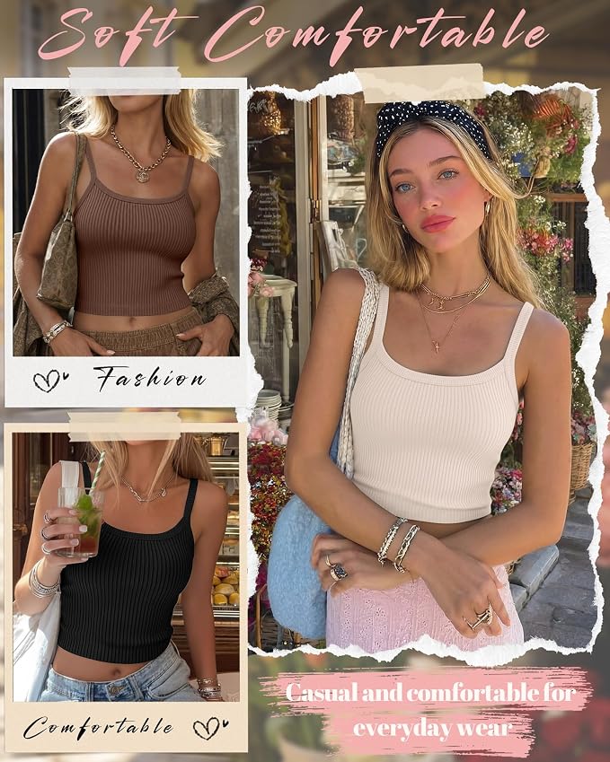 Ficerd 3 Pack Women's Tank Tops 95% Cotton Spaghetti Strap Ribbed Crop Camisole Slim Fitted Basic Summer Sleeveless Layer
