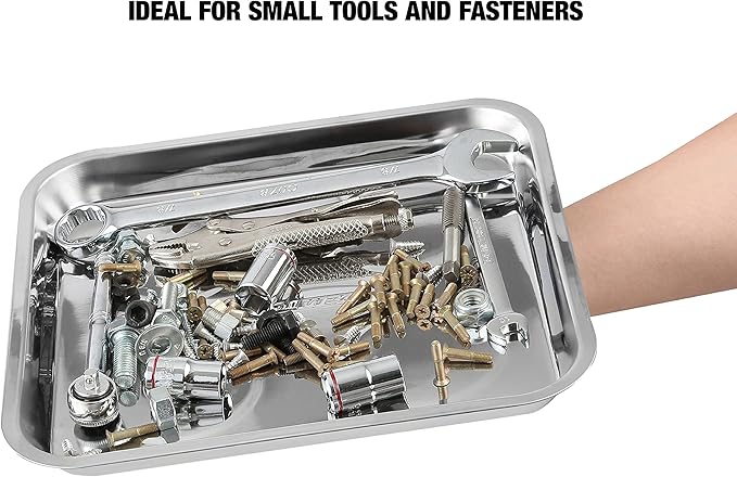 OEMTOOLS 25119 10 Inch x 11 Inch Square Magnetic Tray, Magnet Tool Holder, Heavy Duty Stainless Steel Construction, Tool Organizer Tray Securely Holds Small Parts and Fasteners