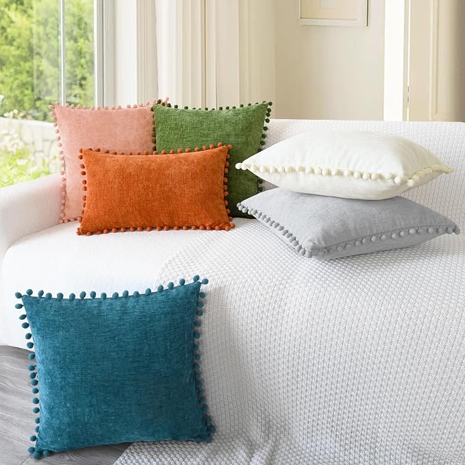 CaliTime Decorative Couch Throw Pillow Covers 20 X 20 Inches Moonbeam Gray | Pack of 2, Cozy Chenille Cushion Cases, with Pom Poms for Sofa Bed Living Room Farmhouse Home