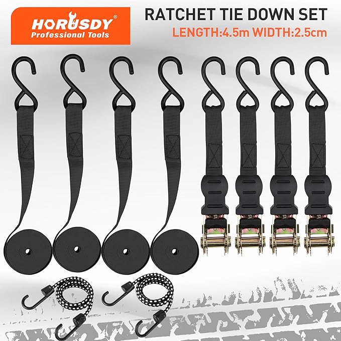 HORUSDY Ratchet Straps, 2,200 LB Break Strength, 4-Pack 15FT Ratchet Tie Down Straps Set for Motorcycle Straps Tie Downs, Appliances, Lawn Equipment, Cargo Straps for Trucks. (Black)