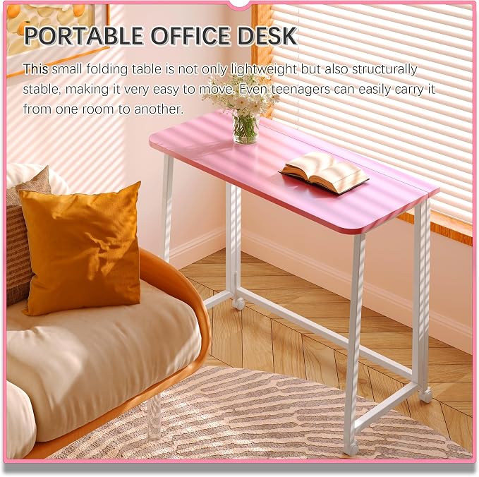 4NM 31.5" Mobile Small Folding Desk, Foldable Rolling Computer Home Office Desk, Study Writing Table for Small Space Saving Bedroom, with Wheels - Pink and White