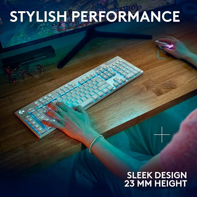 Logitech G915 X Lightspeed Wireless Gaming Keyboard (Tactile) - White | Low-Profile, Double-Shot PBT Keycaps, Fully Programmable Keys, RGB Backlighting, Sleek Aluminum Finishing, GL Brown
