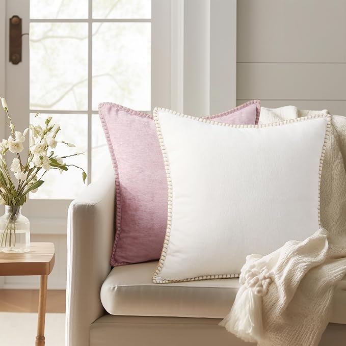 decorUhome Soft Chenille Throw Pillow Covers 26x26 Set of 2 Cream White | Fall Textured Decorative Throw Pillow Cases Stitched Edge Modern Farmhouse Luxury Boho Velvet for Couch Sofa Bed Home Decor