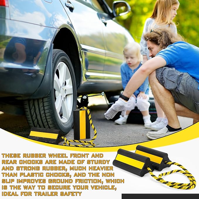 2 Pair Heavy Duty Wheel Chocks for RV Trailer, Rubber Wheel Stoppers, Dual Blocks Front and Back, Non Slip Tire Chock with Nylon Rope Reflective Tape for RVs Travel Trailers Car(Yellow)