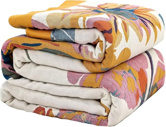 Boho Throw Blanket Farmhouse Decor Throw Blanket Bohemian Blanket for Bed 100% Cotton Muslin Woven Couch Blanket All Seasons Quilt Bedroom (D-Yellow, 50"x60")