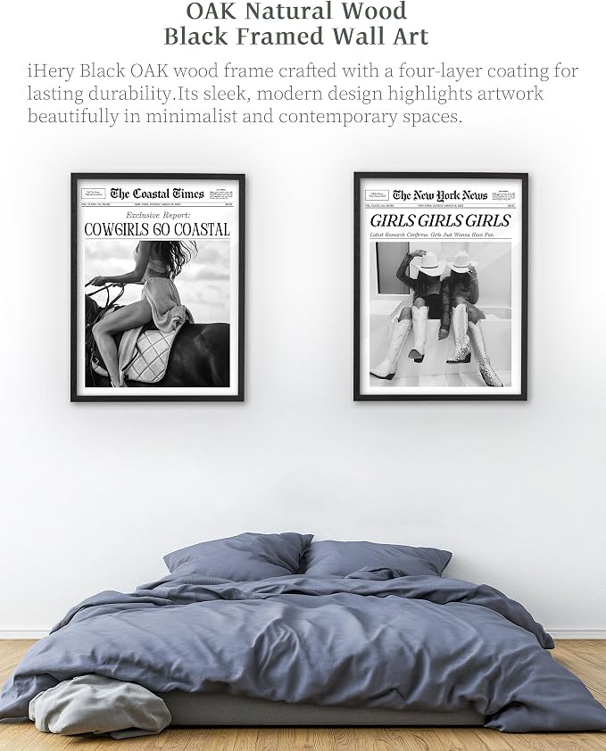 iHery 16x20in Girls Just Wanna Have Fun Framed Newspaper Wall Art | Premium Black Natural OAK Wood Frame with Canvas Print, Western Cowgirl Decor for Bedroom, Dorm Bar Cart, 1Pack