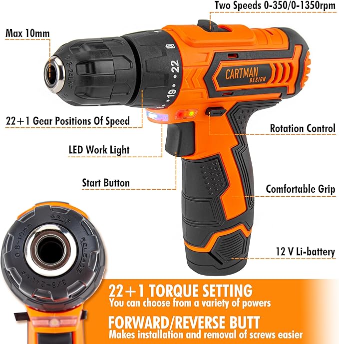 CARTMAN Power Tool Combo Kits with 12V Cordless Drill, Professional Household Home Tool Kit Set, DIY Hand Tool Kits for Garden Office House Repair, with a Robot Style Carry Box
