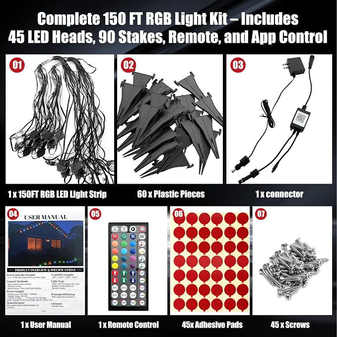 150 FT 2-in-1 Eaves & Ground Stakes LED String Lights, Outdoor RGB Light with App & Remote Control for House, Garden, and Landscape, Waterproof Smart Color-Changing Lighting for Holiday Everyday Decor