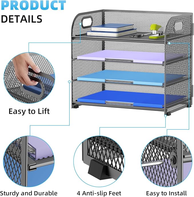 Marbrasse 4 Tier Paper Organizer Letter Tray - Mesh Desk File Organizer with Handle, Paper Sorter Organizer for Letter Office File Folder Holder (Grey, 12.6" x 9.1" x 10.7")