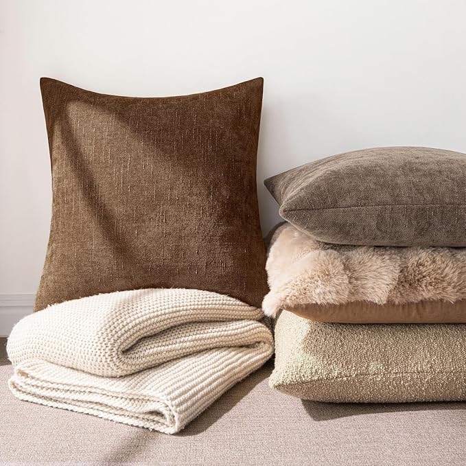 MIULEE Textured Chenille Throw Pillow Covers 18x18 Inch Honey Brown | Pack of 2 Decorative Soft Throw Pillows, Solid Textured Cushion Covers, Modern Home Decor for Couch Sofa Bedroom Living Room
