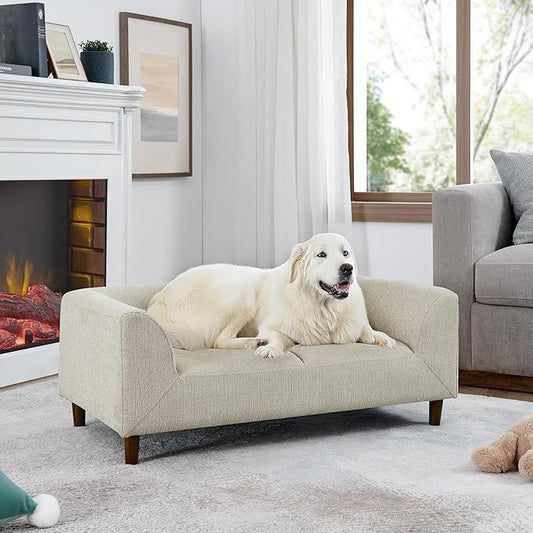 39x25 Inch Large Dog Sofa, Modern Jumbo Pet Couch Made Made by Linen with Armrest and Backrest - Indoor Elevated Dogs Chaise Bed for Doggy up to Medium and Large (Beige)