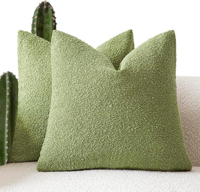 Foindtower Pack of 2 Textured Boucle Throw Pillow Covers Accent Solid Pillow Cases Cozy Soft Decorative Couch Cushion Case for Couch Chair Sofa Bedroom Living Room Home Decor 18x18 Inch Leaf Green