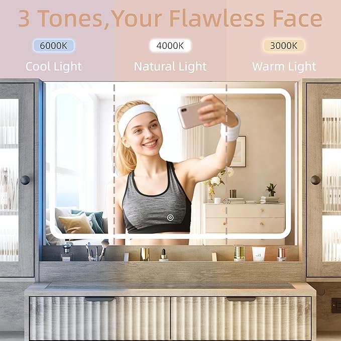 55" Vanity Desk with Mirror & Lights, Fluted Makeup Vanity with 8 Drawers & 4 Cabinets, Tempered Glass Top, RGB Cabinet Lighting, 3-Color Dimmable Mirror, and Charging Station (Gray Wash)
