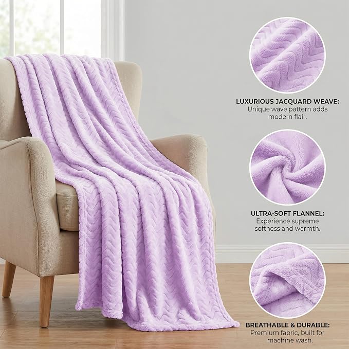 Exclusivo Mezcla Soft Fleece Blanket Twin Size for Bed, Sofa, Lilac Purple | 90"x66" Breathable Lightweight Flannel Blanket for Summer, Plush Cozy Jacquard Wave for Home Decor