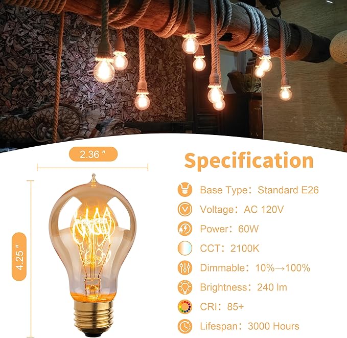 Warm Incandescent Light Bulbs 60 Watt,A19/A60 Vintage Style Edison Bulbs E26,Soft Yellow Light Bulbs,Amber Bulbs,Retro Light Bulb Old Fashioned,Halogen Dimmable Edison Bulb Squirrel Cage 12 Pack