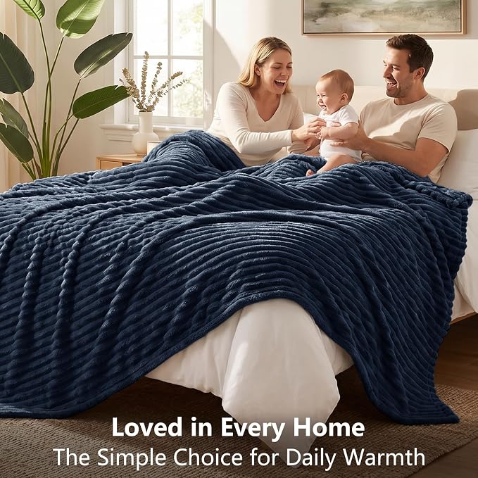 Navy Blue Throw Blanket for Couch & Bed, 50 x 60 Inch | 300GSM Ribbed Fleece Blanket, Soft, Cozy & Lightweight, OEKO-TEX Certified, All-Season Use for Travel, Dorm & Home Decor