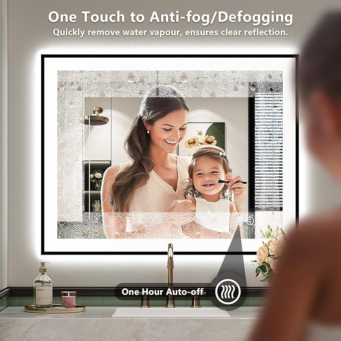28x36 Inch LED Bathroom Mirror with Lights (Front Lit and Backlit) Black Framed Lighted Vanity Mirror for Bathroom Wall Dimmable Anti-Fog Memory Tempered Glass Horizontal/Vertical