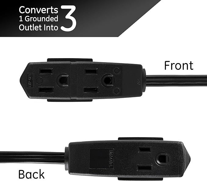 GE 3-Outlet Flat Extension Cord 15 Ft Grounded Extension Cord with Multiple Outlets 3 Prong Outlet Extender Flat Plug Indoor Power Strip 16 Gauge UL Listed Black, 56987