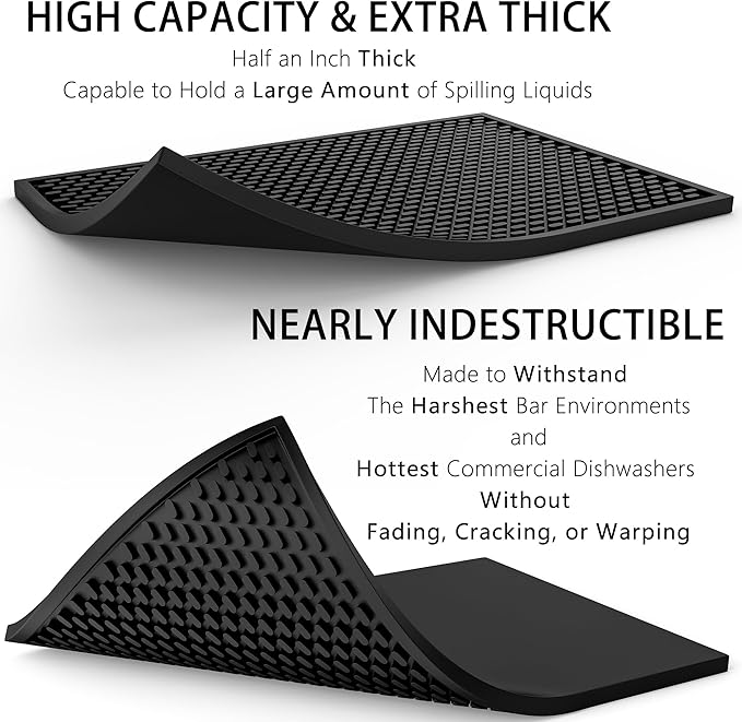 2 Pack Silicone Bar Mat - 1/2 Inch Thick Heat-Resistant and Food Safe Drip Mat - Spill Mats for Counter Top - Kitchen Service Mat, Coffee Bar, Restaurant - Drying Mat - 18 x 12 Inches