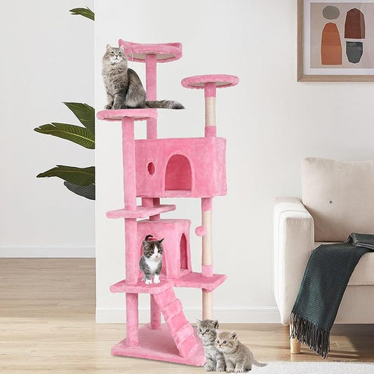 70 Inch Pink Cat Tree, Tall Cat Tower with 2 Condos, 3 Scratching Posts, Multi-Level Platforms - Sturdy Climbing Structure Tall Cat Tower for Indoor Cats