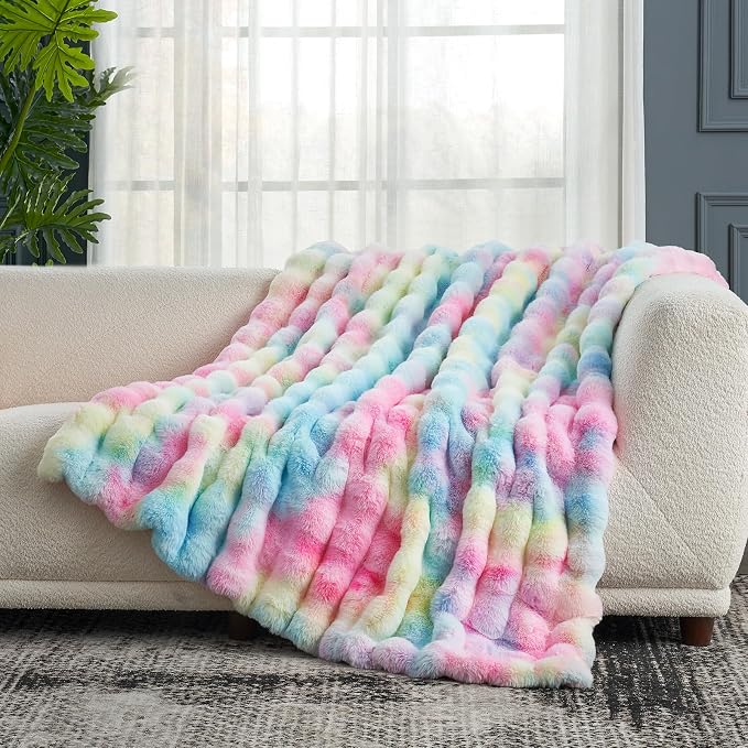 Cozy Bliss Faux Fur Throw Blanket for Couch, Fuzzy Soft Plush Thick Bubble Blanket for Sofa Bedroom Living Room,50 * 60 Inches Tie-dye Rainbow