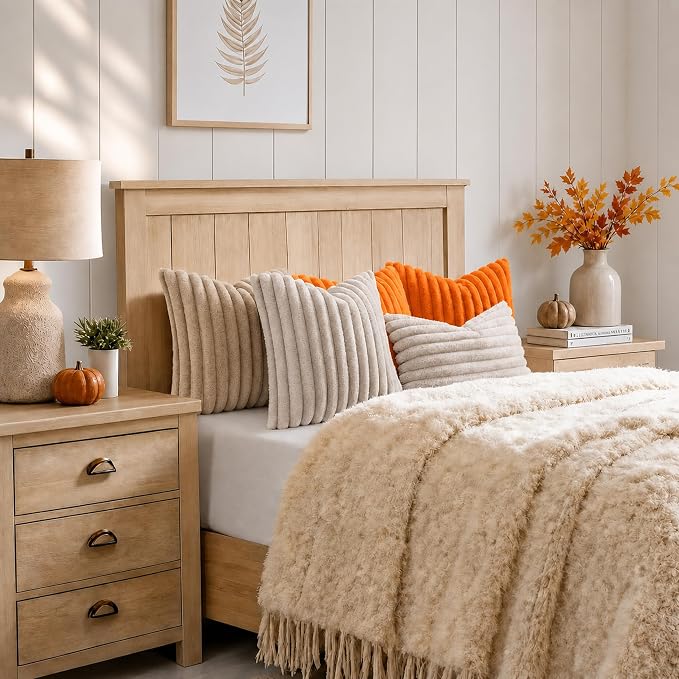decorUhome Fall Faux Fur Throw Pillow Covers 22x22 Set of 2 Orange | Decorative Soft Cozy Striped Plush Modern Farmhouse Boho Couch Pillow Cases Velvet Back for Sofa Bed Living Room Home Decor