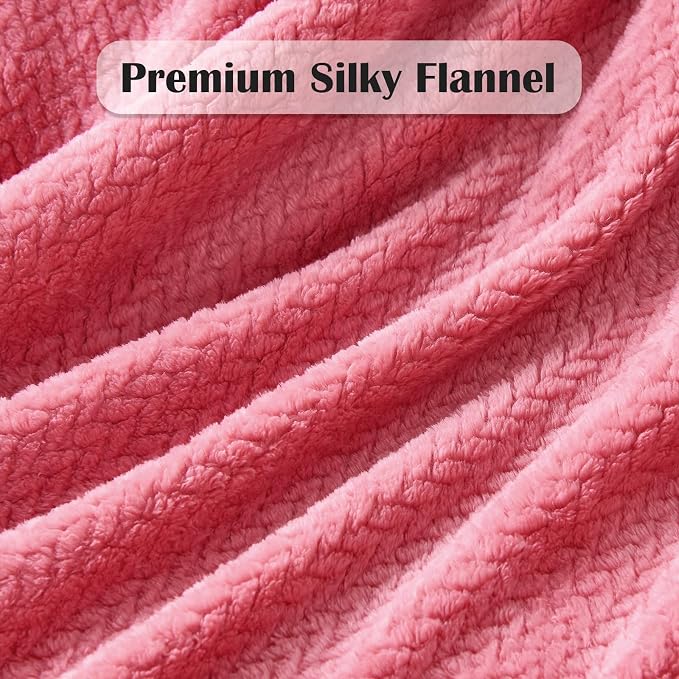 NEWCOSPLAY Fleece Leaves Pattern King Blanket, Coral Pink, 90"x110" | Super Soft Throw Blanket, Lightweight Cozy Bed Sofa Blanket, Premium Silky Flannel Fleece, Travel Blanket for All Season Use