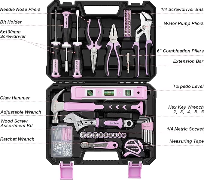 Enventor Pink Tool Kit Set for Women, 146PCS General Household Hand Tool Kit with Storage Toolbox, Ladies Small Basic Tool Kits for Home Maintenance, DIY Projects