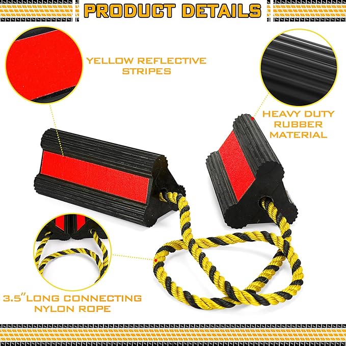 2 Pair Heavy Duty Wheel Chocks for RV Trailer, Rubber Wheel Stoppers, Dual Blocks Front and Back, Non Slip Tire Chock with Nylon Rope Reflective Tape for RVs Travel Trailers Car(Red)
